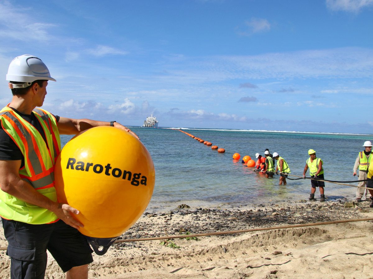 Buoys marking the Manatua cable route during the landing operation in Rarotonga