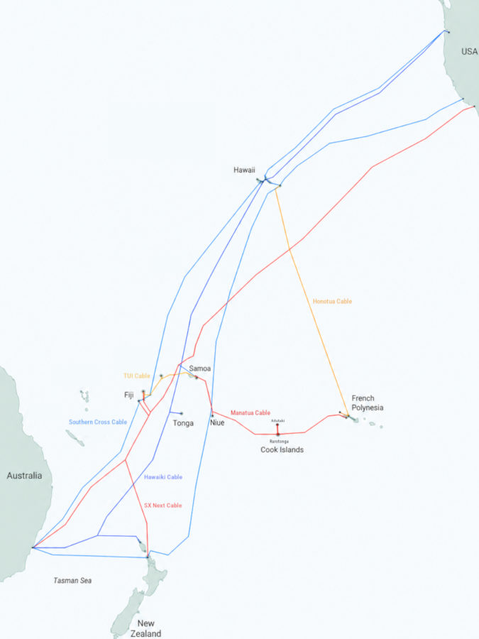 Map of the South Pacific showing onward connectivity options from the Manatua cable, including the Southern Cross, SX Next, Hawaiki, TUI and Honotua cable systems linking Australia, New Zealand, Fiji, Samoa, Niue, the Cook Islands, French Polynesia, Hawaii and the USA