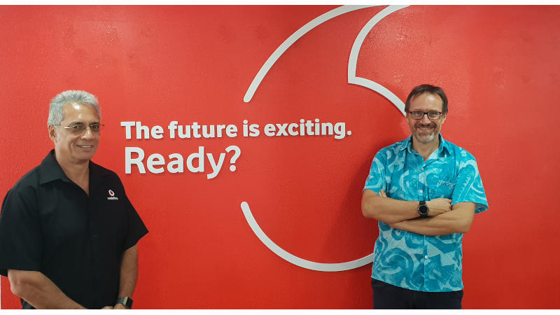 Phil Henderson of Vodafone Cook Islands and Ranulf Scarbrough of Avaroa Cable Ltd at the Vodafone Cook Islands office, Rarotonga, May 2020