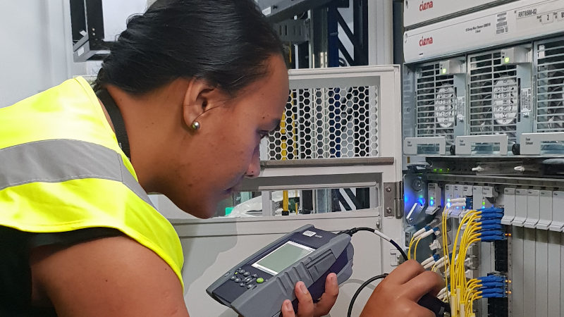 Avaroa Cable’s recently appointed Systems Engineer and Cook Islander, Tania Apera, making final checks in the Manatua Cable Landing Station in Rarotonga before connecting the Cook Islands to the global internet.