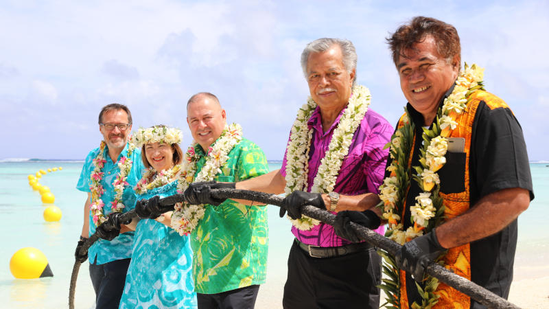 Dr Ranulf Scarbrough, Chief Executive Officer, Avaroa Cable Ltd;  Ms Tatiana Burn, Chair of the Board, Avaroa Cable Ltd;  Cook Islands Deputy Prime Minister Honourable Mark Brown;  Cook Islands Prime Minister Honourable Dr Henry Puna; Aitutaki Mayor Tekura Bishop